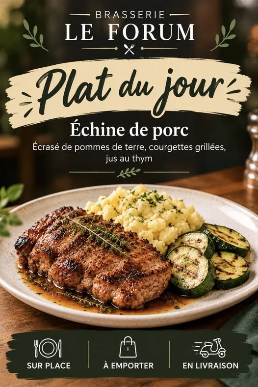 Affiche du plat du jour : échine de porc, écrasé de pommes de terre, courgettes grillées, jus au thym